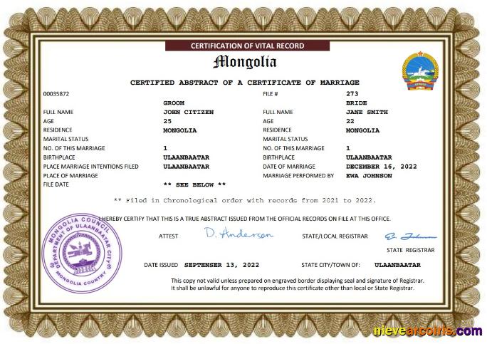 Mongolia marriage certificate